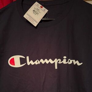 Champion Navy T-Shirt with White Script and Red Accent